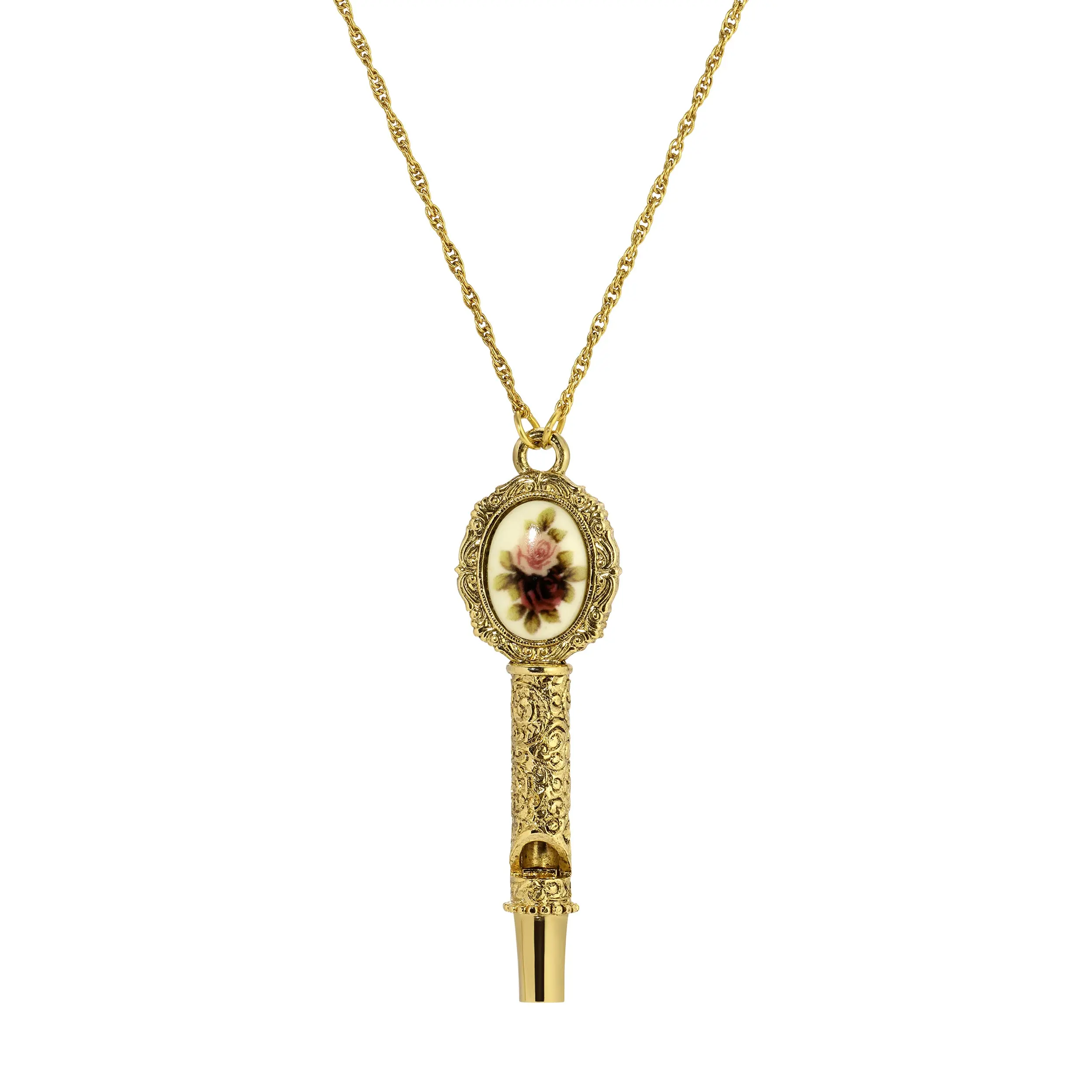 1928 Jewelry Manor House Etched Filigree Whistle Pendant Necklace 28"