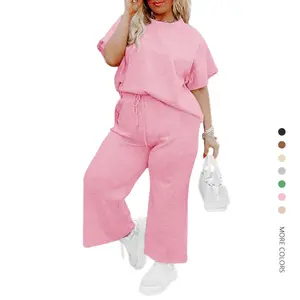 Women's Plus-Size 2-Piece Polyester Loungewear Set - Oversized Short-Sleeve Pullover Sweatshirt & Drawstring Wide-Leg Pants Garment for Summer Vacation, Gym,summervibes