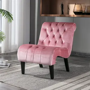 Comfy Velvet Accent Chair, Upholstered Armless Side Chair for Living Room, Modern Small Lounger with Tufted Back and Rolled Edge Design, Comfy Reading Chaise Lounge with Solid Rubber Wood Legs, Pink