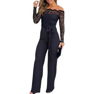 Womens Dressy Jumpsuits Casual One Piece Outfits Off Shoulder Lace Trim Overalls Straight Leg Pants