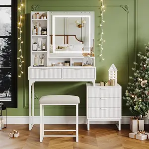 Makeup Vanity Desk with Mirror and Lights, Vanity Table with 5 Drawers, Vanity Set with Stool and Removable Side Storage Cabinet for Bedroom