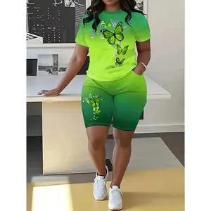 [Butterfly Pattern Ladies Suit] Gradient Butterfly Pattern Ladies Suit - Round Neck Short Sleeve with Pocket Pants