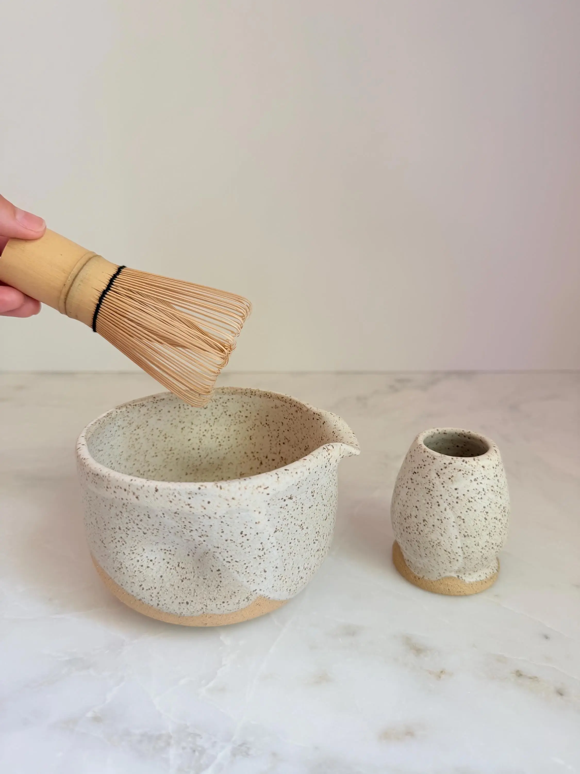 Handmade Ceramic Matcha Bowl and Whisk Holder Set - Speckled Oatmeal