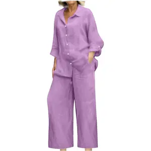 Linen Sets for Women 2 Piece - Long Sleeve Button Down Shirts Summer Wide Leg Linen Pant Lounge Outfits Clothes 2026