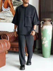 2 Pcs/Set, Men's Round Neck Dashiki Set, Black Short Sleeve, Large Pockets, Turn-Up Sleeve, Elastic Waist Pants, African Clothing, Street Style, Date, Wedding, Business, Daily Wear