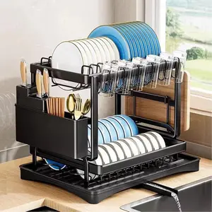2-Layer Kitchen Utensil Drying Rack with Drainage Tray Multifunctional Storage Cup Organizer for Efficient Organization & Tidy Solutions Black