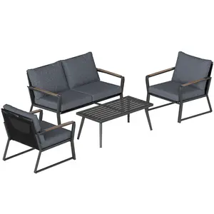 4 Piece Patio Furniture Set – Aluminum Conversation Set with Armchairs, Loveseat, Coffee Table & Cushions, Powder-Coated Frame, Adjustable Footpads, for Garden, Poolside, Dark Grey