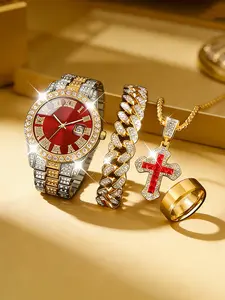 Stainless Steel Watch Set, Elegant Set, Roman Design Quartz Analog, Includes Bracelet Necklace Ring, Perfect Gift for All Occasions