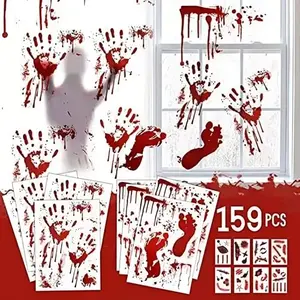 159‑Pc Halloween Decoration Set – Bloody Handprint & Footprint Window Stickers + Tattoo Stickers – Spooky Indoor/Outdoor Wall & Floor Decals for Party & Haunted Houses