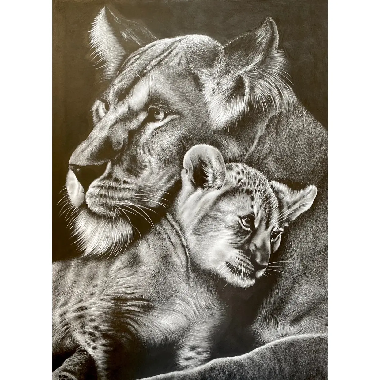 Lion and Her Baby Hand Signed Limited Edition Giclee 17x22 Art Print