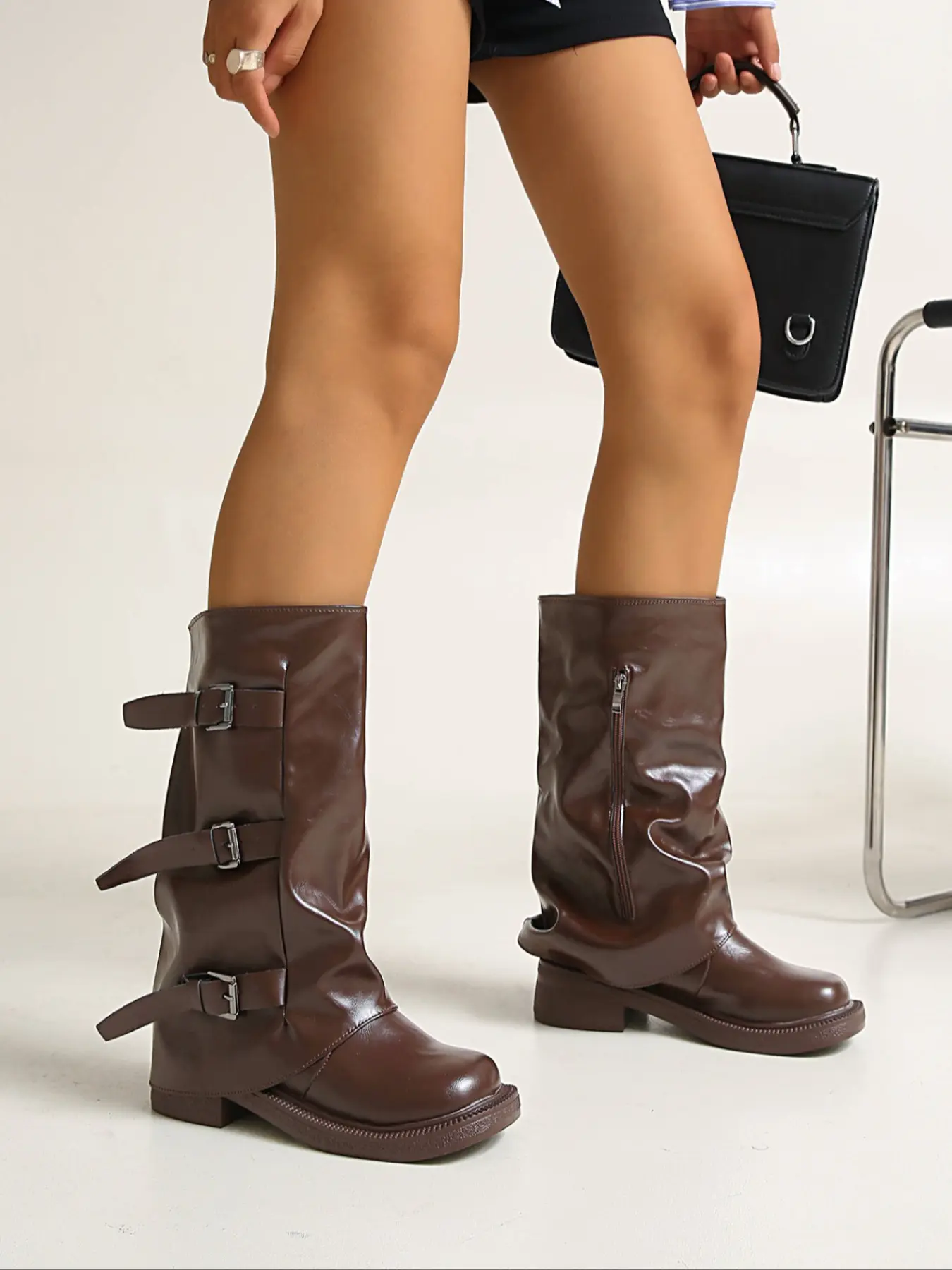 Women's Mid-Calf Buckle Rubber Boots, Trendy Boots, Footwear, Sweet Cool Design, Fashionable and Stylish, Perfect for Daily Commute and Casual Wear