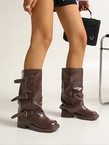 Women's Mid-Calf Buckle Rubber Boots, Footwear, Sweet Cool Design, Fashionable and Stylish, Perfect for Daily Commute and Casual Wear
