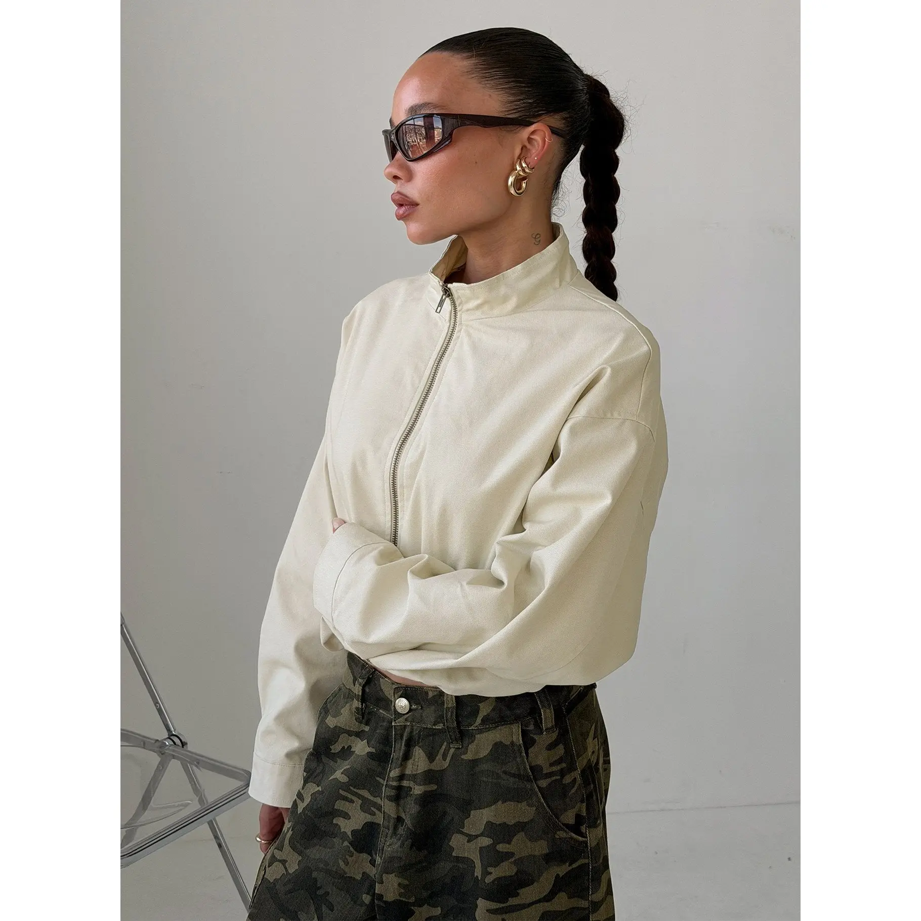 Chayden Cropped Canvas Bomber Jacket Cream