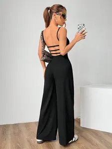Summer New Plain Backless Sleeveless Ruched Design Loose Fit Breathable Lightweight Jumpsuit, Fashionable Comfortable Casual Sporty Style Home Wear