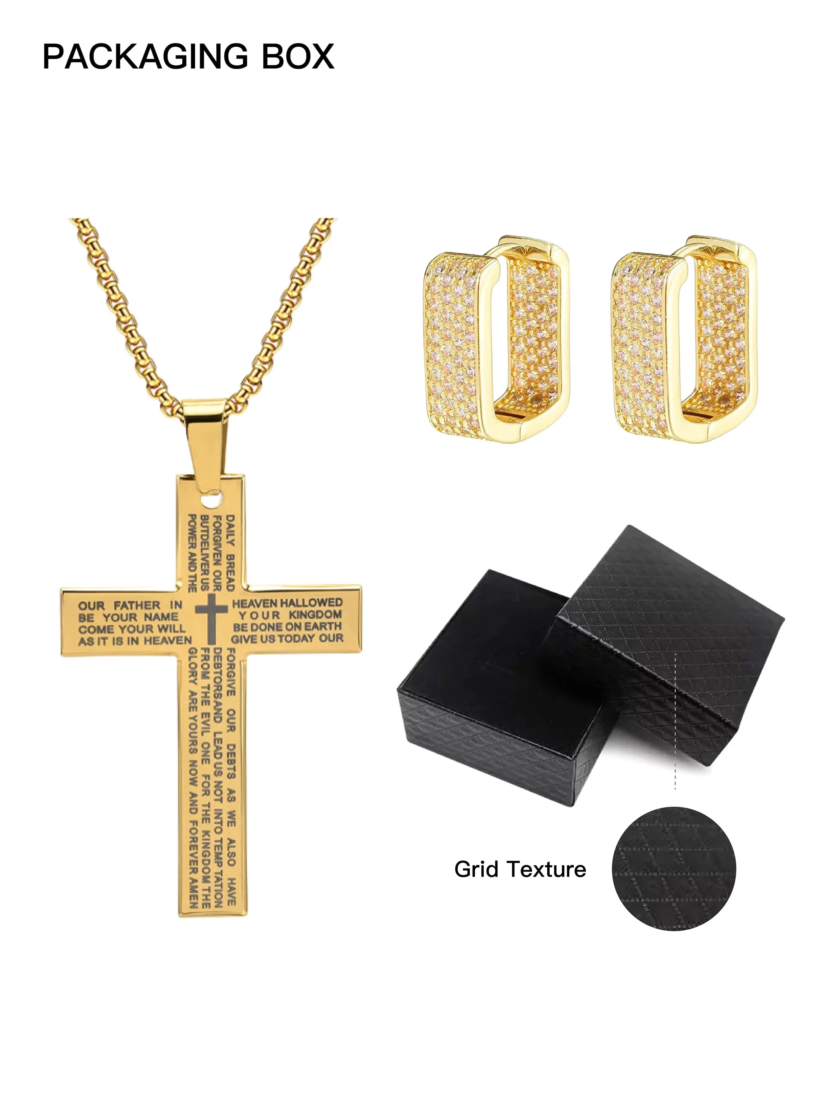 Trendy Hip Hop Necklace Earring Set, Bible Cross Pendant Necklace and Full Zircon U-Shaped Earrings, Unisex Fashion Jewelry