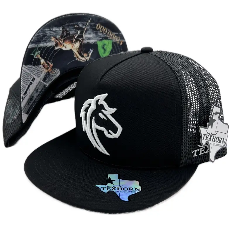 Texhorn Cuarto de Mella Cap, Black Mesh Back, White Horse Logo, Classic Design, Versatile Style for Casual Wear Trucker Hat Baseball Cap
