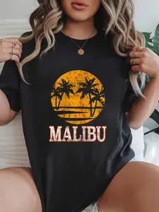 100% cotton Malibu Retro 's Vintage Beach Vacation Gift T-Shirt T-Shirt Crew Neck short Sleeve T-Shirt, Casual Print Graphic Cotton Tees Women Tops