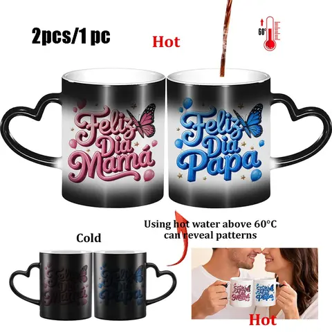 Magic Color Changing Mug with Heart Handle, Perfect Gift for Mother's Day & Father's Day, Ceramic Cup Set for Couples