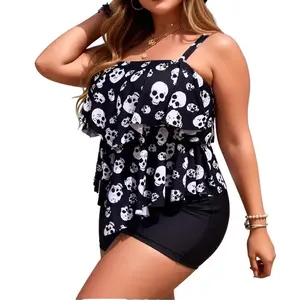 Plus Size Skull Print Ruffled Flounce Tankini Swimsuit, Double Layer Tummy Control Dark Style Two-Piece Swimwear with Boyshorts for Women Beach Vacation
