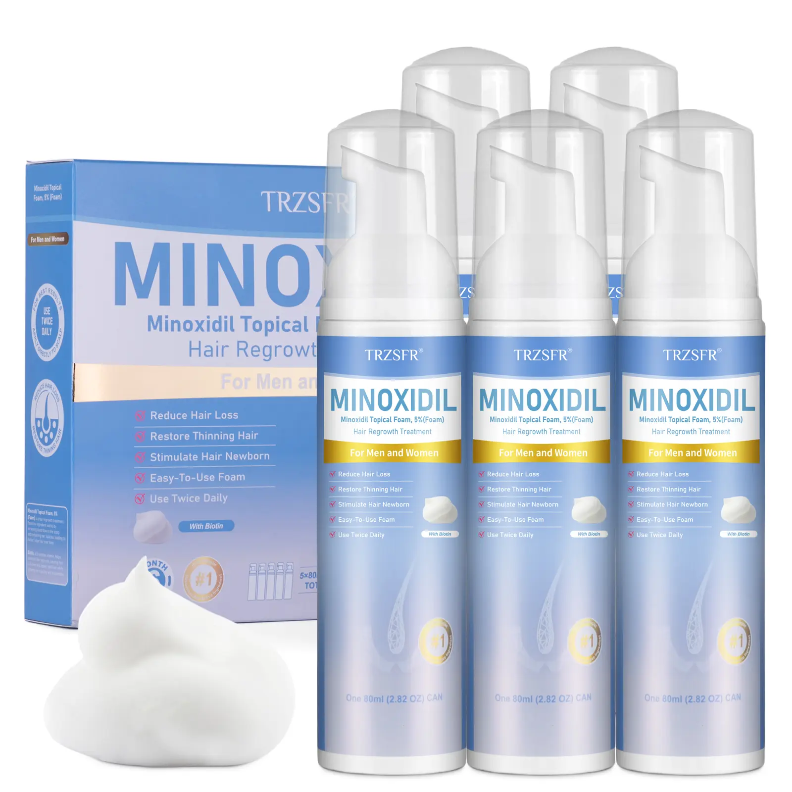 5% Minoxidil Foam for Men & Women, Hair Regrowth Treatment for Thinning Hair & Beard Growth, Extra Strength Topical Foam, Clinically Proven Hair Loss Treatment, 6 Month Supply (5 bottles 14OZ Total)