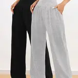 【Black Friday】2-Pack Loose Wide-Leg Pants with Pockets, Solid-Color High-Waisted Casual Style Pants for Yoga and Lounging