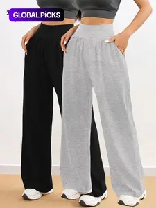 Women's Solid Pocket Wide Leg Sports Pants, Yoga Bottoms, High Waisted Sweatpants, Casual Comfy Breathable Trousers for Yoga Gym Workout Running, Ladies Sportswear for All Seasons