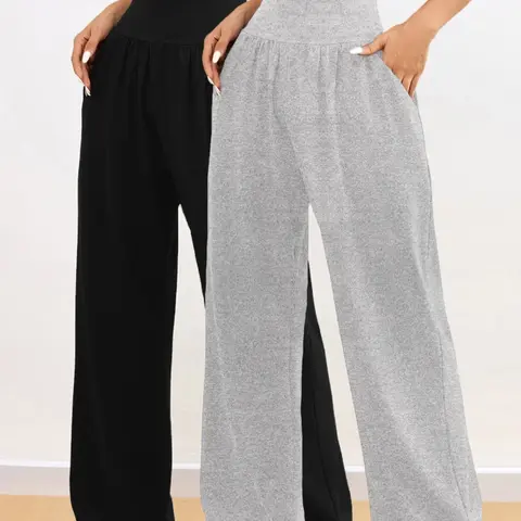 4031-2#2 Piece Set Multi-Color Sporty Loose Wide Leg Pants with Pockets, Plain Casual High Waist Yoga Running Long Pants, Casual Sports Pants
