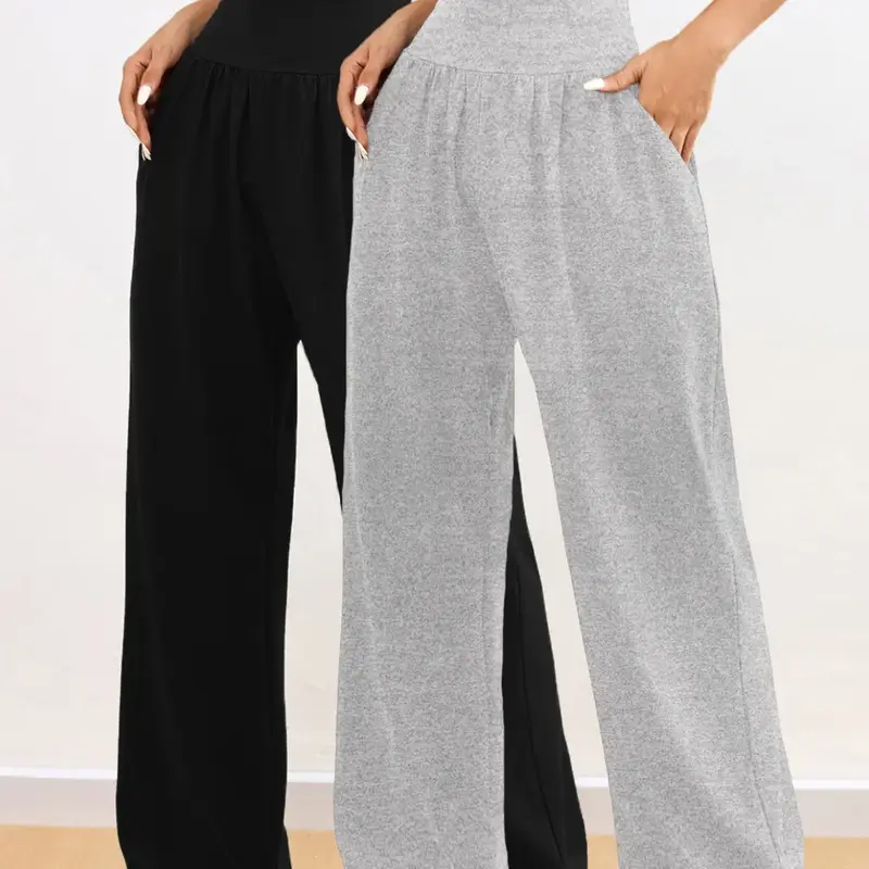 【Black Friday】2-Pack Loose Wide-Leg Pants with Pockets, Solid-Color High-Waisted Casual Style Pants for Yoga and Lounging