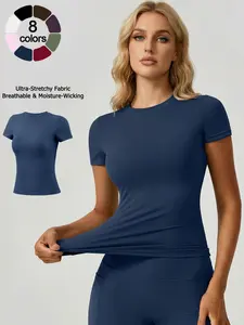 Women's crew neck short sleeve sports T-shirt comfortable breathable high stretch seamless slim fit top yoga wear waist cinching slimming running gym versatile casual daily wear women's short sleeve top Athletic Top