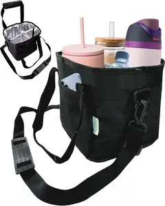 4 Water Bottle Holder with Strap |   Family Size 4 Compartment Drink Bag, Multiple Tumbler Carrier Caddy |   Adjustable Fits Large & Small Drinks |   Hands Free, Won't Tip Over in Car