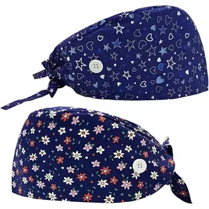 2 Pack Adjustable Scrub Caps for Women Men, with Buttons & Sweatband, Surgical Nursing Bouffant Tie Back Hat