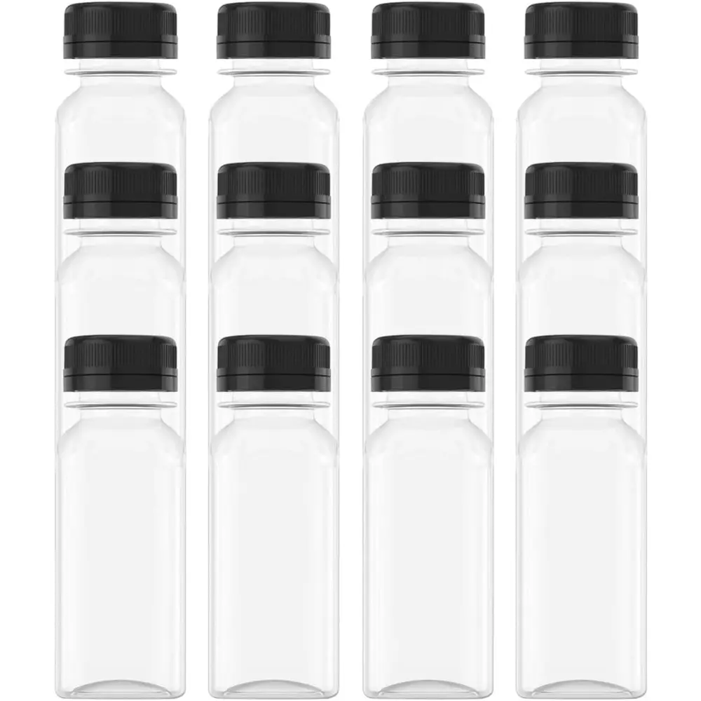 2 fl oz Reusable Plastic Mini Juice Canister Bottles - Bulk Pack Airtight Leakproof Kitchenware Drinkware Containers with Black Lids for Juice, Milk, Gyms, 2 Fluid Ounces