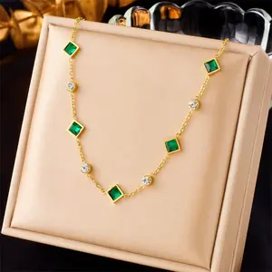 1pc Simple Green Geometric Zirconia Stainless Steel Women Necklace, Suitable For Daily Outfit And Gift