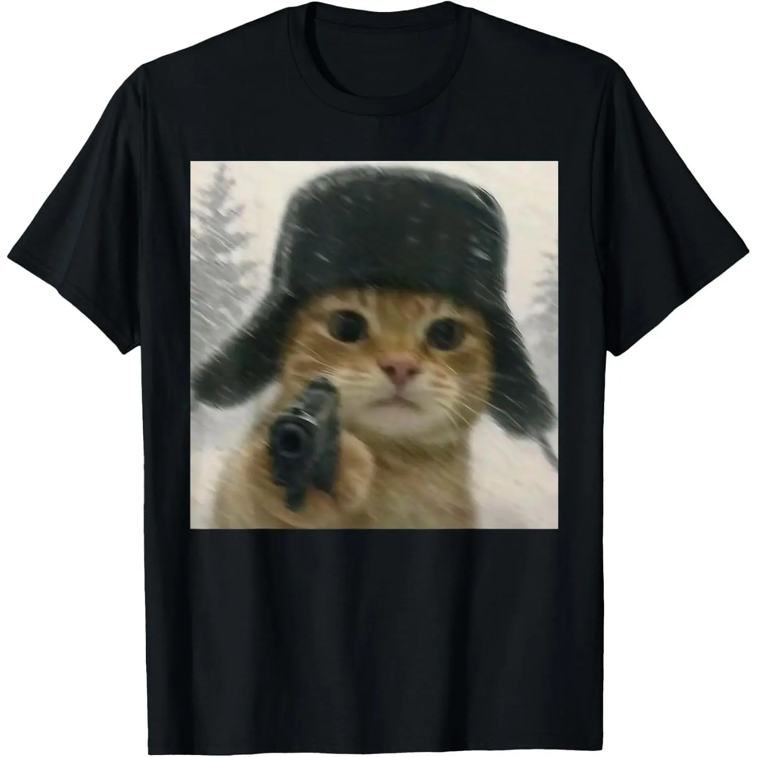 Wacky Cat Wearing Ushanka Hat Russian Meme Cat Humor T-Shirt Pure Cotton Graphic Tees Menswear Top: Gifts for Men & Women