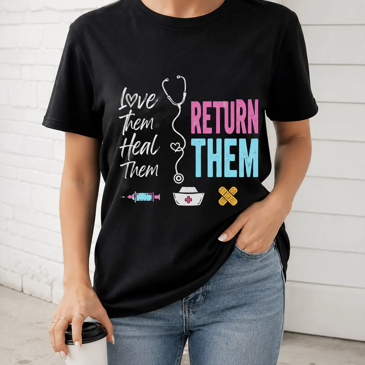 Love Them Heal Them Return Them Pastel Stethoscope Nurse Cap Syringe Bandage Graphic T-Shirt, Unisex Oversized Tshirt Women Nurse Medical Worker Casual Loungewear Short Sleeve