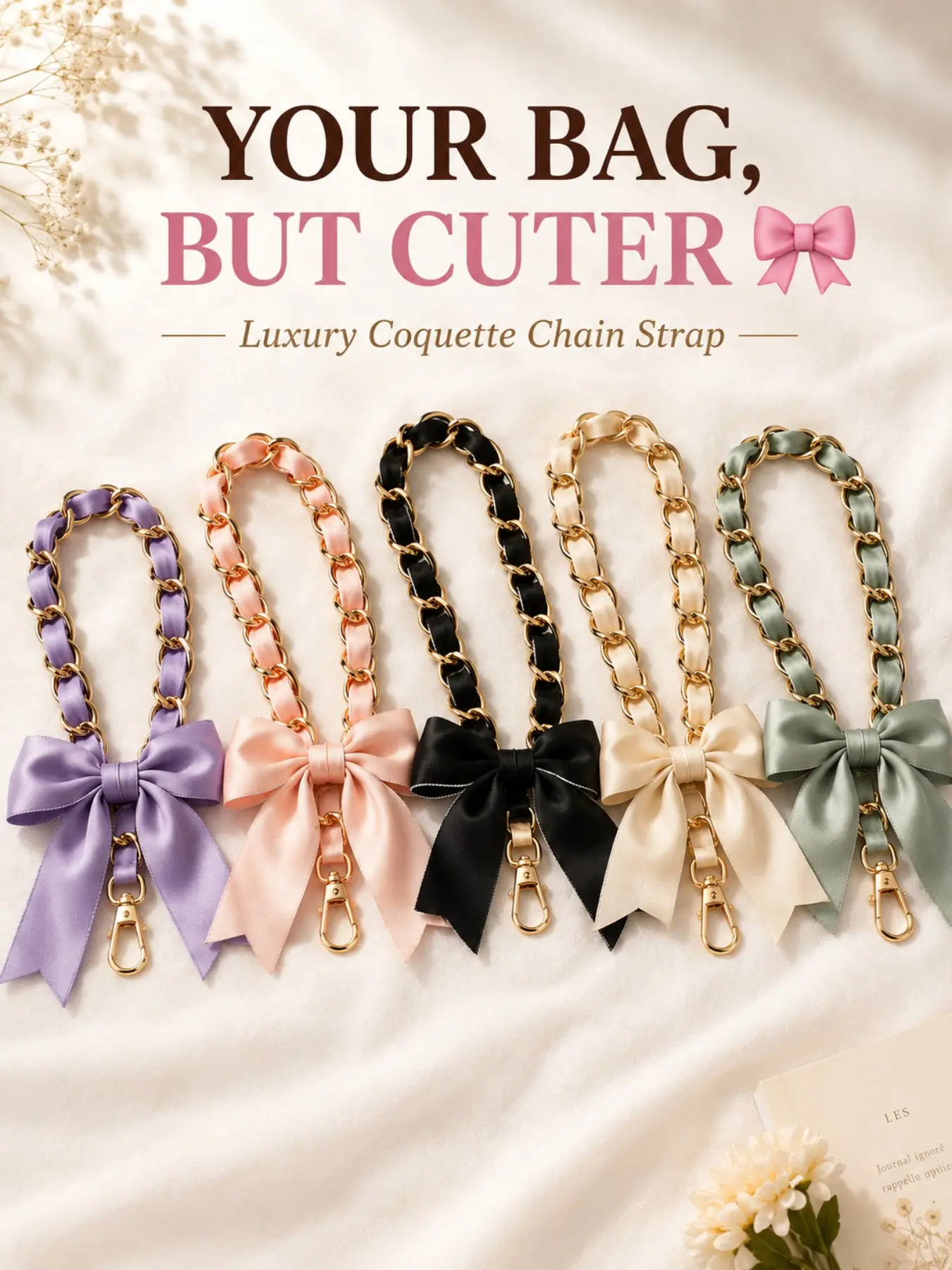LUVTAG Luxury Satin Bow Bag Chain Strap, Gold Tone Chain Handbag Extender, Aesthetic Coquette Bag Charm, Perfect Birthday Christmas Valentine's Day Gift for Women Girls, Trendy Shoulder Strap for Tote Backpack