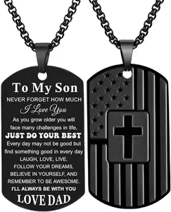 To My Son Necklace from Mom Dad, Dog Tag Cross Necklace for Men, American Flag Birthday Christmas Gifts for Son in Law Grandson Daughter Granddaughter Family Jewelry