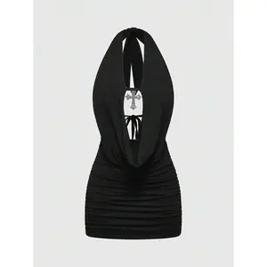 ROMWE Grunge Punk Sexy Leopard Print Cross Pendant Lace Up Draped Neck Mini Dress For Women, Suitable For Beach Vacation, Gyaru Concert Outfit