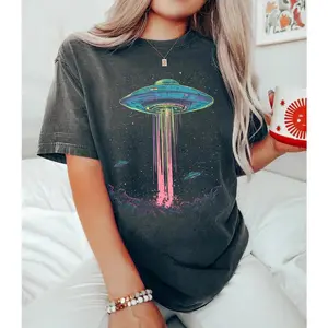 Retro Alien Abduction Tee, Trippy Space UFO Shirt, Outer Space Graphic T-Shirt, Psychedelic Galaxy Print, Funny Sci Fi T-Shirt, Washed Vintage T-Shirts - 100% Cotton Unisex Tees