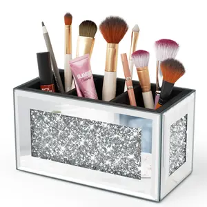 Makeup Brush Holder, Mirrored Remote Control Holder, 3 Slot Glass Vanity Organizer for Cosmetics Brushes Eyeliners Storage, Crush Diamond Home Decor Organizer Storage Caddy, Pen Holder for Desk 5pack showershelves