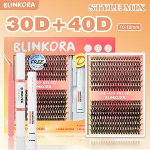 Blinkora 30D+40D Hybrid Eyelash Kit 10-18mm Beginner Friendly DIY Lash Extension Waterproof Long Lasting with Free Glue Remover Applicator Cluster Lash Kit Makeup Cosmetics
