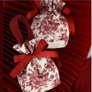 Floral Drawstring Gift Bags with Ribbons, Soft Durable Polyester, Reusable Bridal Gift Wedding Party Favor Bags for Jewelry Candy Storage