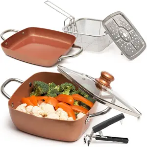 6 count Copper Chef Cookware Non Stick Deep Frying Pan 9.5" x 3.5", Fry Basket, Steamer Rack, Dishwasher  Oven Safe, 5 Qt Deep Square Pot  Non Stick Pan, Induction Copper Cookware Set