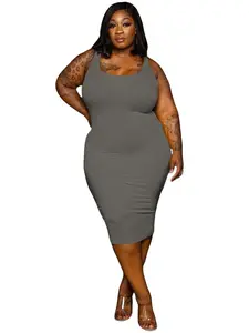 Plus Size Women's Solid Color Round Neck Tight Fitting Casual Knit Dress Fabric, Womenswear, Comfortable Fit for Various Occasions, Stylish and Versatile Summer Wear