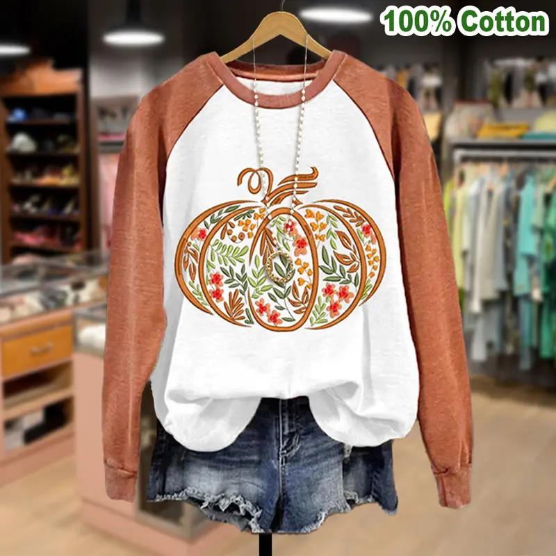 Cherrybetty Cotton Halloween Embroidery Color Block Long Sleeve Orange Floral Pumpkin Sweatshirt Women's Casual Soft Elastic Fabric Hoodie for Everyday Wear Breathable Fabric fall tops sweatshirts Womenswear