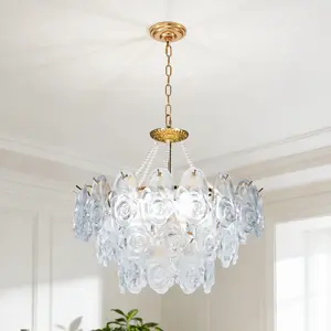 23.6 Inch Modern Copper Rose Glass 9-Light Chandelier, 3-Tier Adjustable Height Pendant for Bedroom Living Room Dining Room