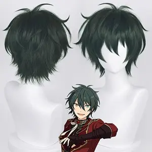 A men's and women's  anime wig dark green short hair style anti-warps broken cover idol dream festival film mega party party  wig