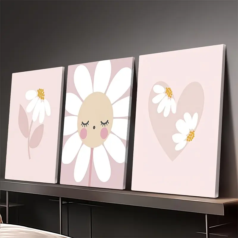 Framed, 3-piece framed daisy wall art, minimalist daisy poster, bohemian floral wall painting, pink wildflower wall decoration, framed, fashion theme