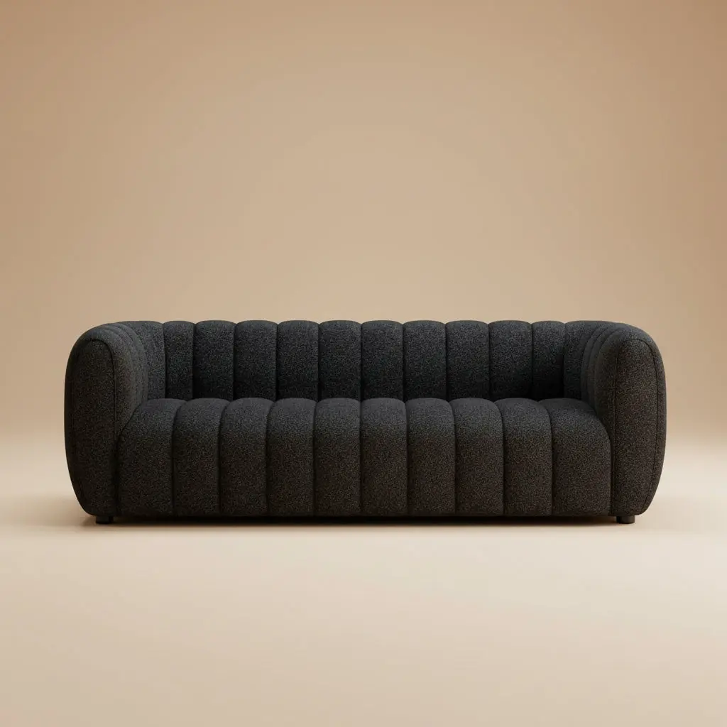 Aversa Contemporary Black Boucle 83-Inch Channel Tufted Sofa