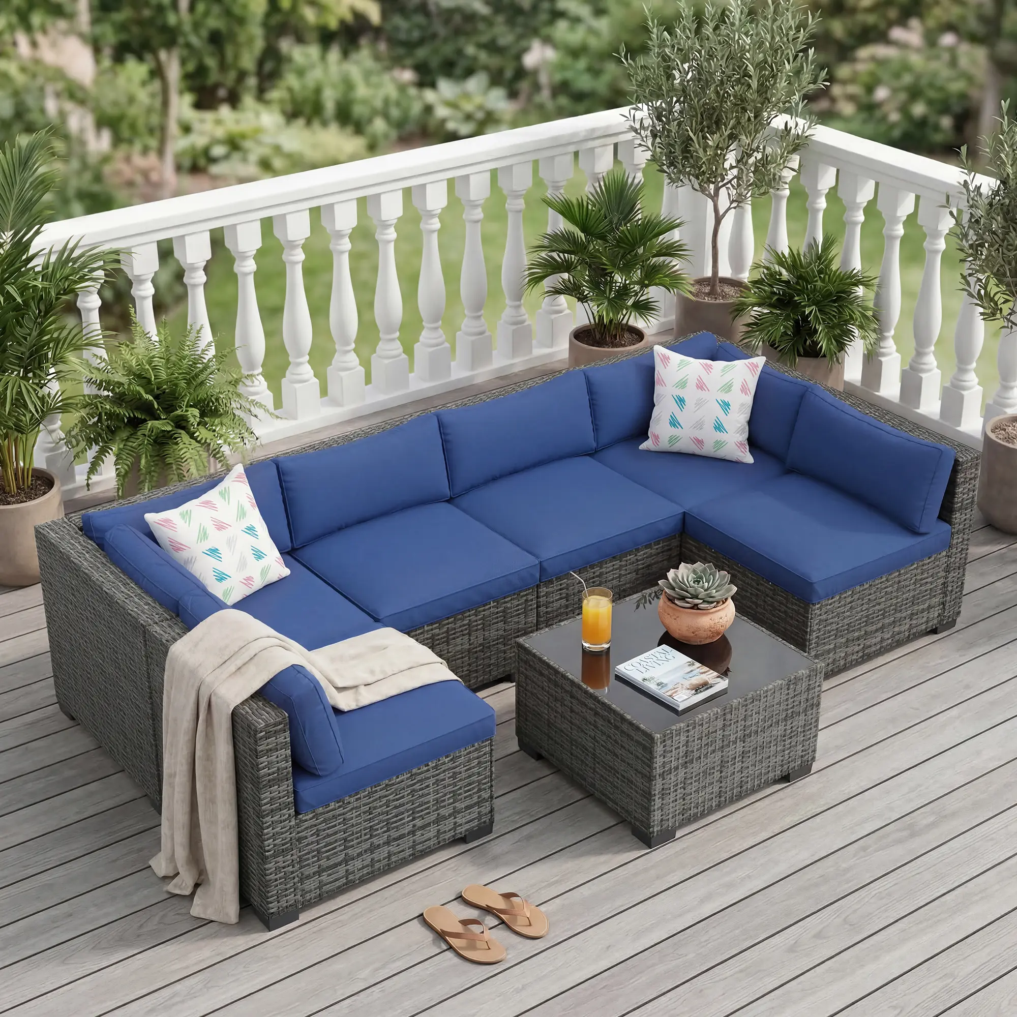 7-Piece Outdoor Patio Sectional Sofa Set - All-Weather PE Rattan Wicker - Thick Washable Cushions - Tempered Glass Coffee Table - Modular Garden Furniture for Backyard, Poolside